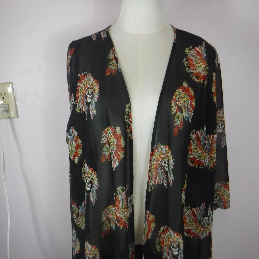 Giddy‎ Up Glamour Skull Headdress Kimono Cardigan Black High Low Sheer XL 1410